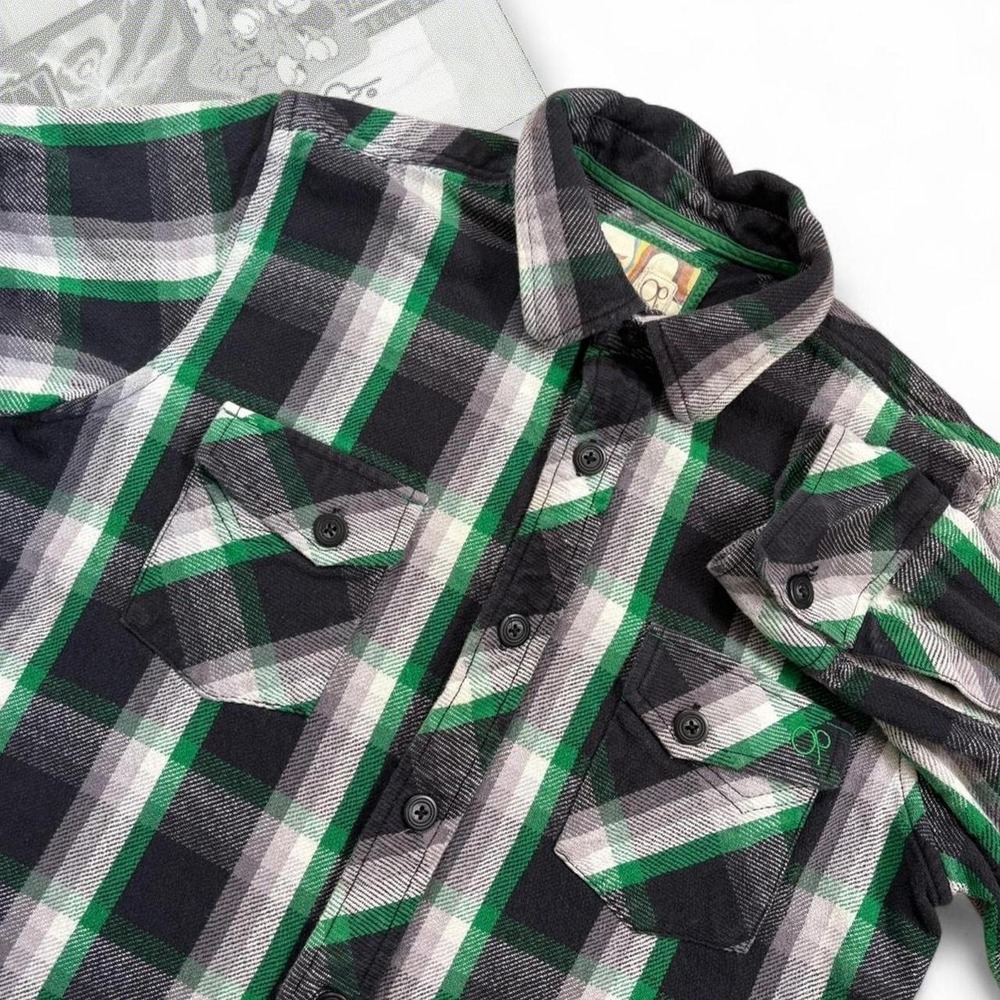 Vintage Y2K Green & Black OP Ocean Pacific Surfwear Long sleeve Striped Flannel